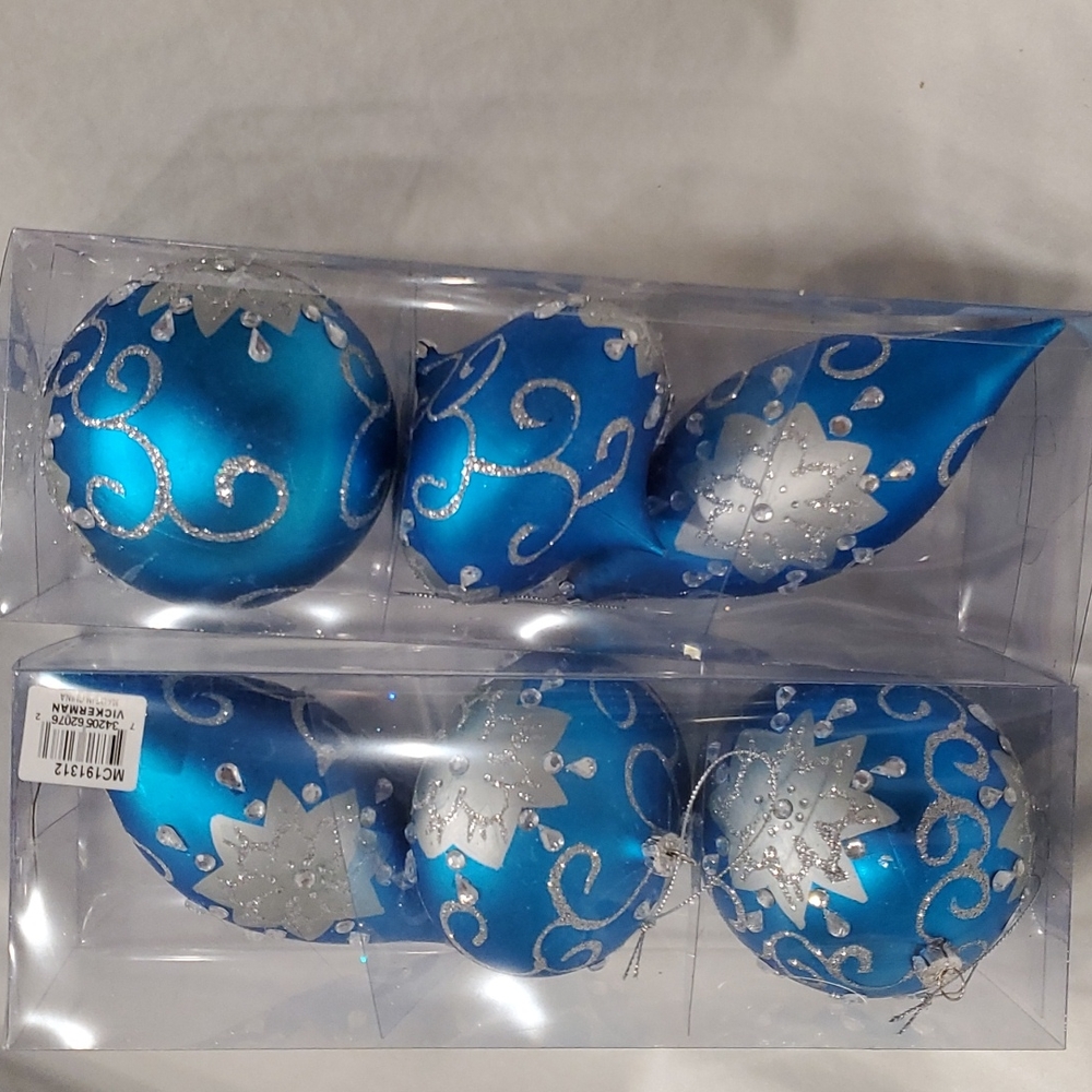 NIB 6 Large Christmas ornaments Teal Blue Vickerman Shatterproof Rhinestones